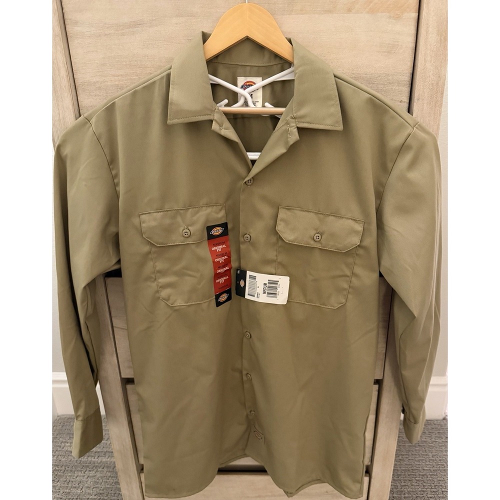 Dickies Mens Original Fit Long Sleeve Work Shirt Khaki Tan Medium NEW!